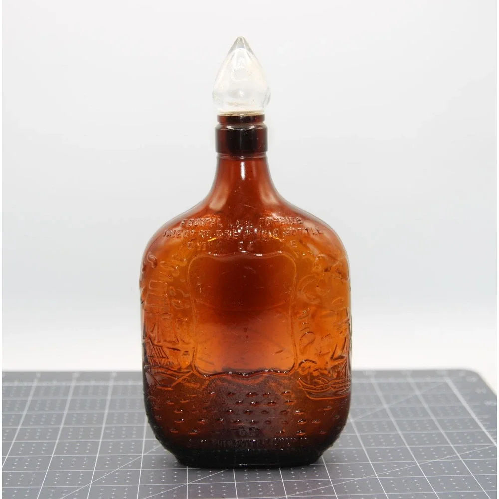Vintage Amber Glass Pirate Ship One Pint Flask Bottle with Flame Stopper 11.5in